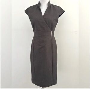 Calvin Klein Structured Midi Dress V-Neck Wrap Front Women's Gray Size 8